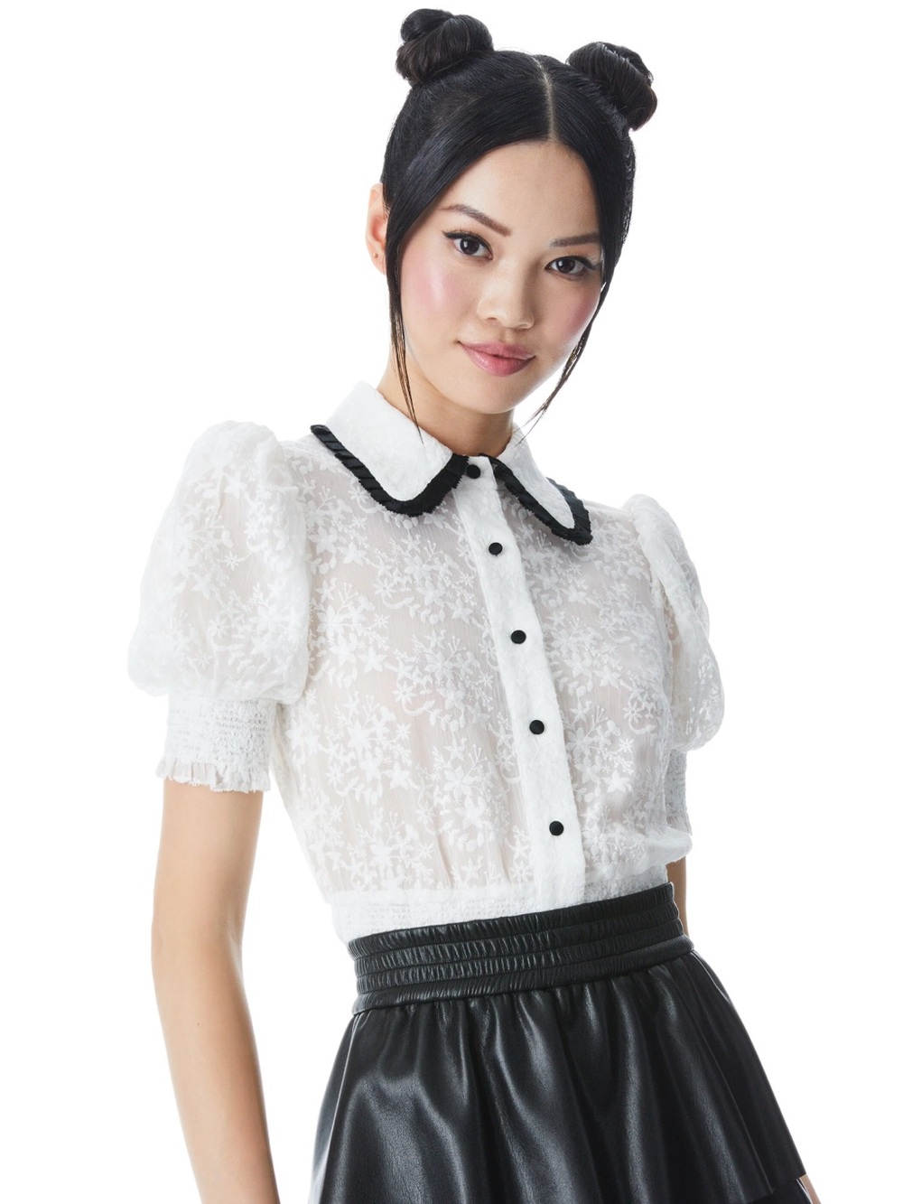 Alice + Olivia Tamra Puff Sleeve Embroidered Top
